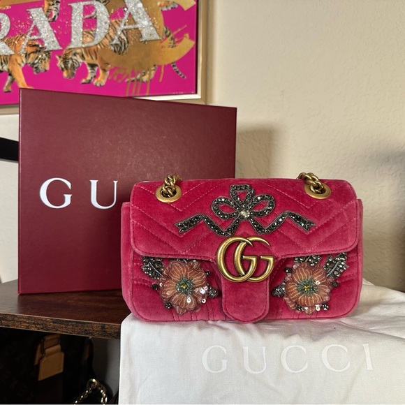 Gucci Handbags - Authentic Gucci Pink Velvet GG Marmont Floral Embellished Crossbody Bag